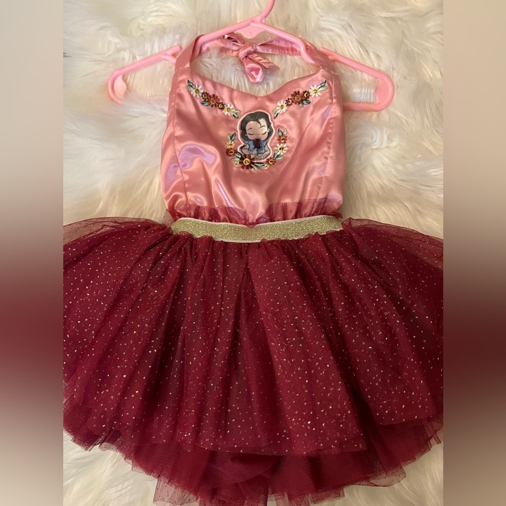 Disney brand size 2 toddler Belle tutu dress that’s pink and burgandy in color.